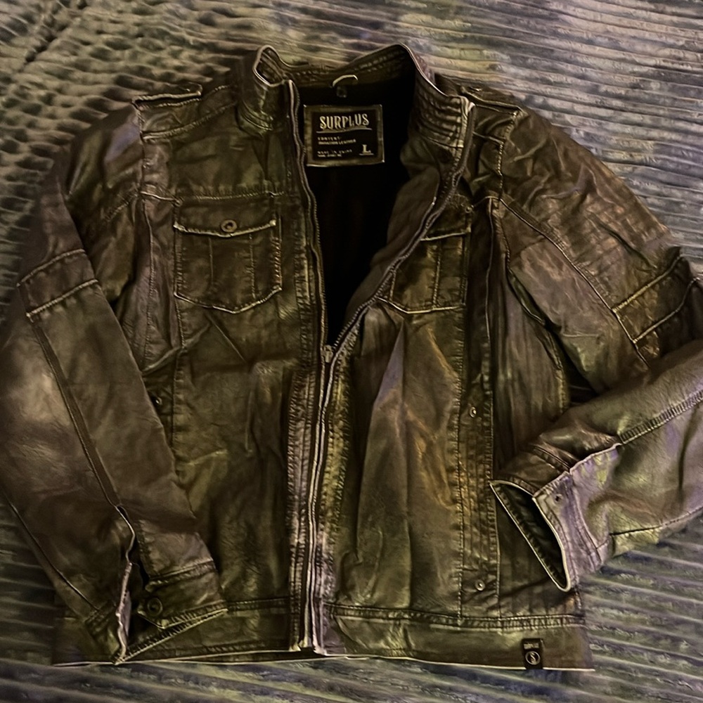 Men’s Faux Leather Surplus Sz Lg bomber Jacket Dark Gray